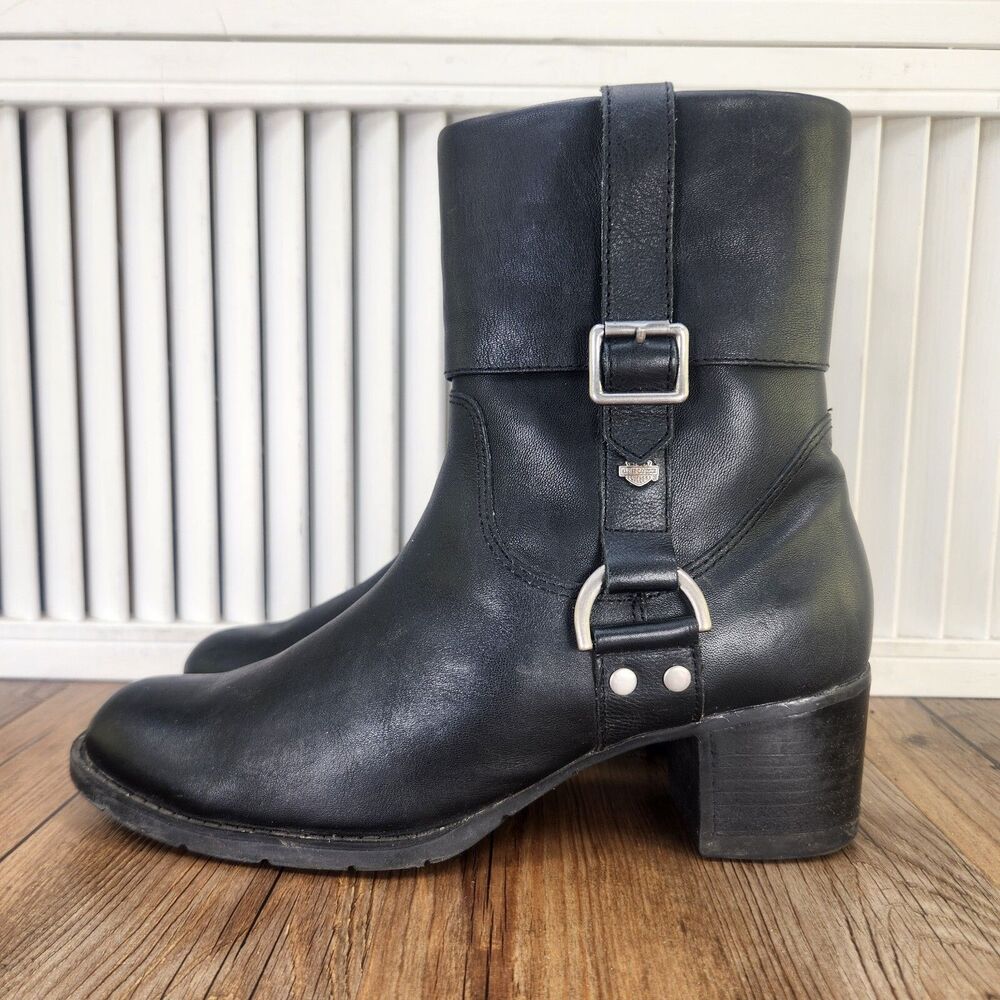 Harley-Davidson - Women’s Leather w/ Metal Buckle Black Heeled Boots - Size 8.5 - Picture 4 of 11